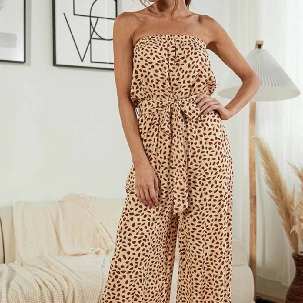 Beige/mahogany strapless wide leg jumpsuit